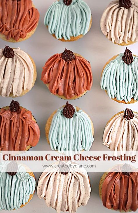 Cinnamon Cream Cheese Frosted Cupcakes | Created by Diane Pumpkin Decorated Cupcakes, Fall Theme Cupcakes, Fall Decorated Cupcakes, Cupcakes Cinnamon, Halloween Pumpkin Recipes, Cupcake Arrangements, Sprinkle Ideas, Delicious Cupcakes Recipes, Frosted Cupcakes