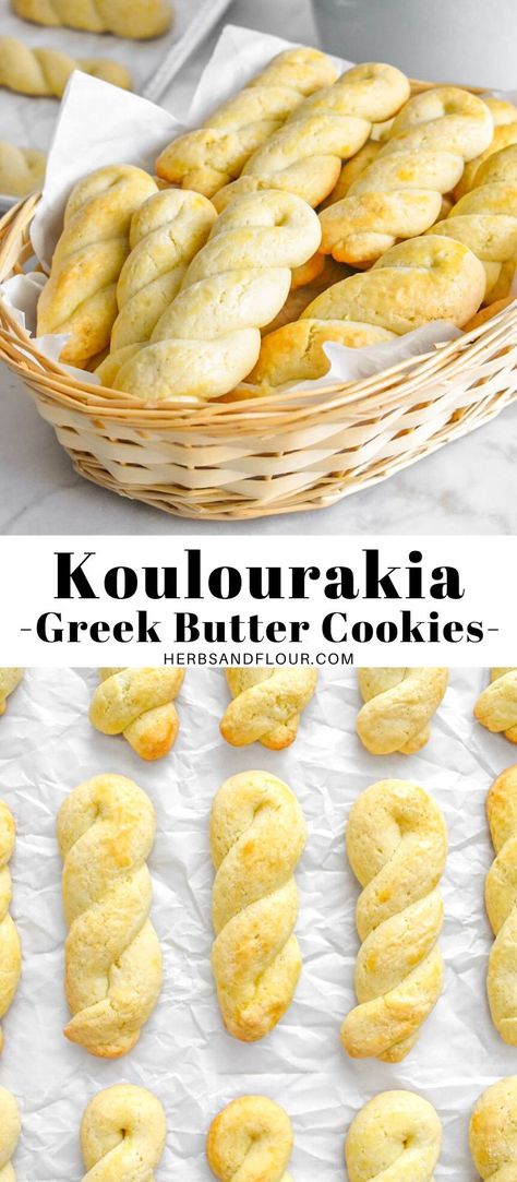 Koulourakia are traditional Greek Easter Cookies that are always made around this time of year! This simple recipe uses basic ingredients to create a buttery crisp cookie that is ideal for dunking in tea or coffee! Koularakia Cookies, Greek Twist Cookies, Greek Easter Cookies Recipes, Greek Cookie Recipes, Koulourakia Recipe Greek Cookies, Simple Greek Recipes, Greek Easter Desserts, Greek Cookies Koulourakia, Greek Easter Cookies