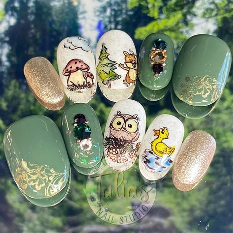 🍄🌼 Step into a fairytale with our whimsical forest-themed nail art! Perfect for nature lovers and those who adore a bit of sparkle. Let your nails make a statement with these adorable and intricate designs. 🦆💚 I love a good mushroom nail, which is your favourite? Let me know in the comments. I love using mixed mediums like stamping, watercoloring, and crystals to create unique, eye-catching designs! 🌟 Want to learn how to create your own bespoke nails? Join my online workshops and unleash ... Cute Critters, Enchanted Wood, Forest Background, Animal Nails, Nail Studio, Woodland Creatures, Whimsical Art, Nature Lovers, Nail Design