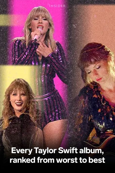 A graphic that shows Taylor Swift through the years. It's overlaid with text that reads: "Every Taylor Swift album, ranked from worst to best." Taylor Swift Albums, State Of Grace, Pop Albums, Bon Iver, Dear John, Tim Mcgraw, Bad Blood, Red Taylor, Taylor Swift Album