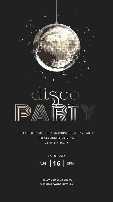 Glitter Disco Ball Birthday Personalized Video Invitation, Smartphone Animated Shiny Invitation credit:@Mantixorra | Video Invitations | Slideshow Prom Night Invitation Card, Disco Invitations Ideas, Saturday Night Fever Party, Disco Ball Theme Party, Disco Invitations, Disco Invite, Disco Ball Invitation, Disco Fever Party, Disco Ball Birthday