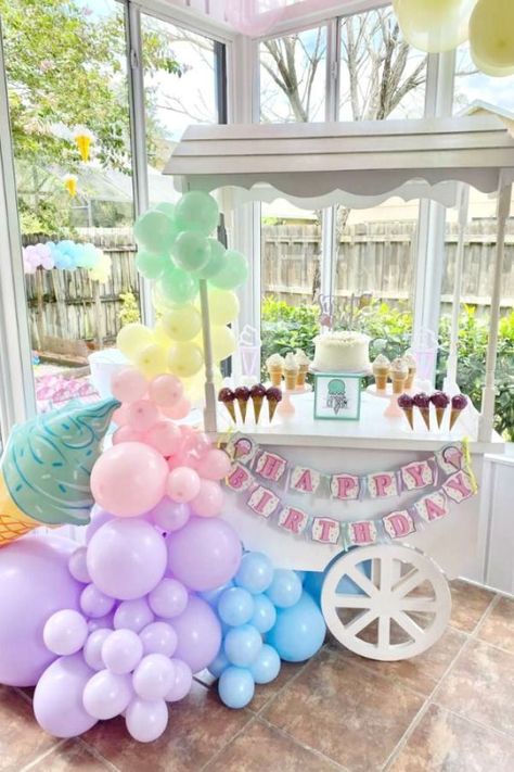 Swoon over this fabulous ice cream birthday party! The dessert table cart is so pretty! See more party ideas and share yours at CatchMyParty.com    #catchmyparty #partyideas #icecreamparty #girlbirthdayparty Ice Cream Birthday Party Ideas, One Birthday, Ice Cream Birthday Party Theme, Ice Cream Social Party, Ice Cream Party Theme, Cream Birthday Party, Lalaloopsy Party, Ice Cream Cart, Ice Cream Birthday Party