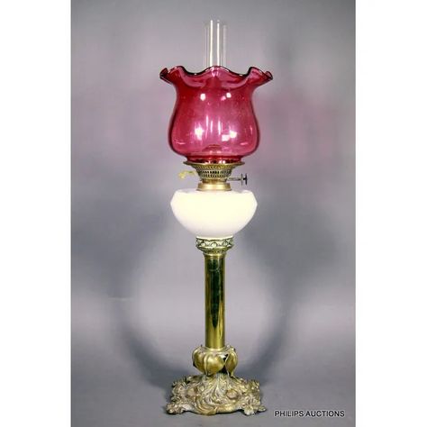 A fine Art Nouveau ruby glass duplex banquet lamp, late 19th… Art Nouveau Desk, Hall Lamps, Bracket Lamp, Art Nouveau Lighting, Vintage Oil Lamp, Green Milk Glass, Banquet Lamp, Lamps Hanging, Antique Oil Lamps