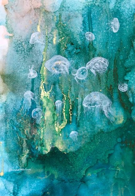 Sold Artwork | Donna's Art Sea Life Artwork, Moon Jellyfish, Jellyfish Painting, Intuitive Artists, Beach Artwork, Bio Art, Ink On Canvas, Animal Nature, Sea Painting