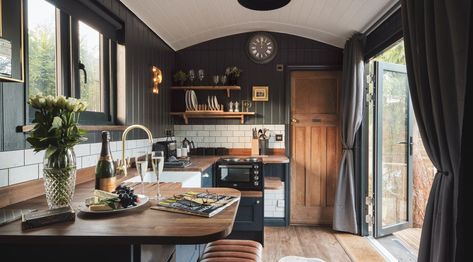 Shepherds Parlour - Stylish hot tub hut in Somerset Shepherds Hut Interior Ideas, Shepard Hut Interior, Large Shepherds Hut, Wooden Mantelpiece, Shepherd’s Hut, Blackdown Shepherd Huts, Plankbridge Shepherds Hut, Tongue And Groove Panelling, Outdoor Tub