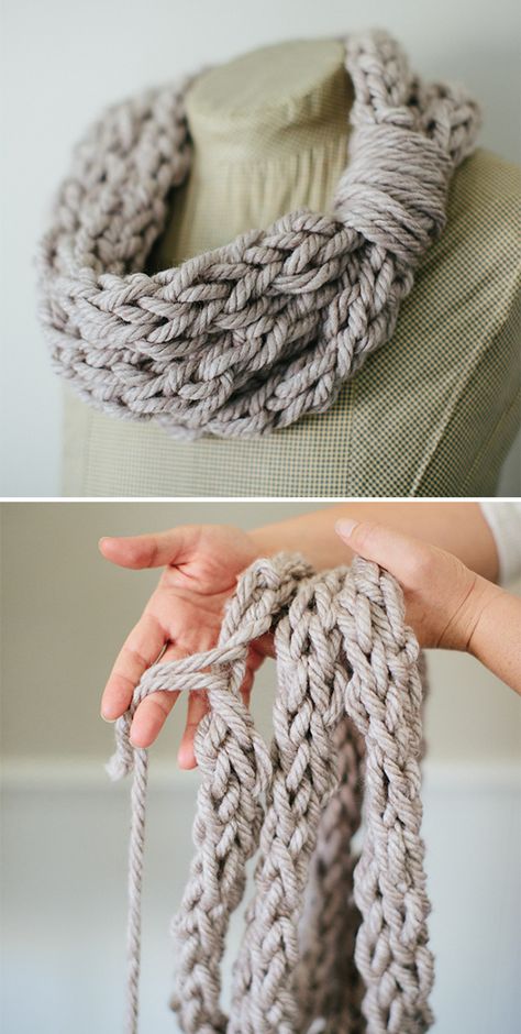 Free Pattern for Finger Knit Cowl Knitting Without Needles, Knit Cord, Scarves Ideas, Finger Knit Scarf, Arm Knitting Scarf, Finger Knitting Projects, Finger Knit, Knitting Scarves, Arm Knit