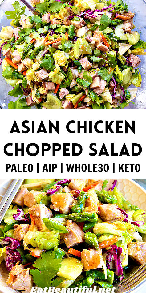 Asian Chicken Chopped Salad makes a delectable lunch or dinner entrée with an amazing texture and incredible dressing. | paleo | whole30 | aip | keto Aip Salad, Whole 30 Salads, Aip Lunch, Creamy Chicken Salad, Salad Winter, Salad Spring, Recipes Asparagus, Chopped Salad Recipe, Aip Diet Recipes