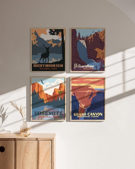 HAUS AND HUES Vintage National Park Posters Set - National Parks Art Prints Nature Wall Art and Mountain Print Set Gallery Wall Frame Sizes, National Park Artwork, Vintage National Park Posters, Posters For Bedroom, Haus And Hues, National Park Art, Famous Artwork, Gallery Wall Frames, Mountain Print