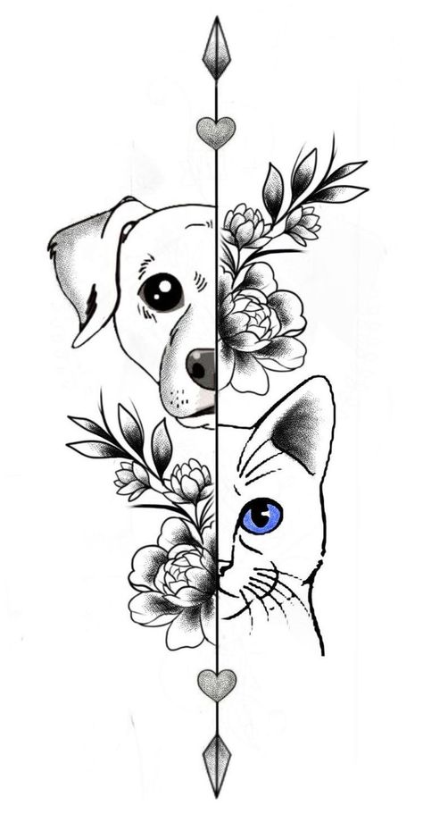 Cat And Dog Tattoo, Beautiful Pencil Drawings, Easy Love Drawings, Cat Tattoo Designs, Pola Sulam, Dog Tattoo, Dessin Adorable, Cat And Dog, Dog Tattoos