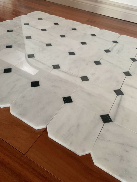 How to Cut Your Own Octagon and Dot Tile Octagon And Dot Tile, Foyer Floor, Marble Floor Pattern, Octagon Tile, Foyer Flooring, Style Tiles, Tiled Hallway, White Marble Floor, Bath Renovation