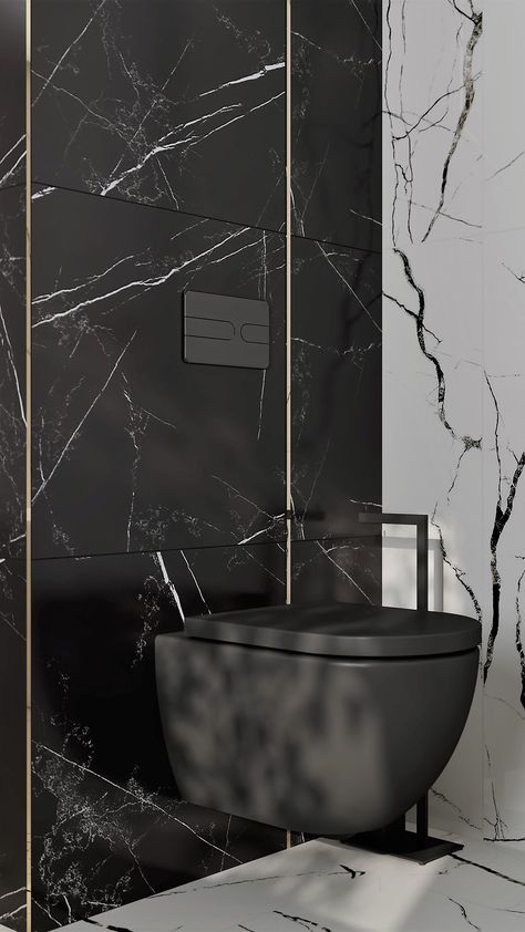 Black sanitary ware, gold decor ideas. Modern glamour bathroom style 🖤 Black Gold Marble Bathroom, Glamour Bathroom Ideas, Gold Decor Ideas, Black Gold Bathroom, Glamour Bathroom, Black Marble Tile, Dark Interior Design, Black And Gold Marble, Sanitary Ware