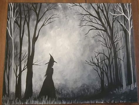 A Walk In The Woods acrylic painting tutorial with Amanda Leute. Full tutorial on two memeberships >> www.cocktailsandcolor.vip and via Enchantress Art Circle on Facebook Enchantress Art, Woods Acrylic Painting, Witch Painting, Witch Silhouette, Circle Canvas, A Walk In The Woods, Art Circle, White Witch, Acrylic Painting For Beginners