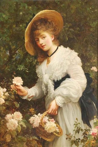 Artwork by Samuel Luke Fildes, Gathering flowers, Made of Oil on canvas George Henry, Victorian Paintings, William Adolphe Bouguereau, Holding Flowers, Pierre Auguste Renoir, Victorian Art, Flower Branch, Old Paintings, Romantic Art