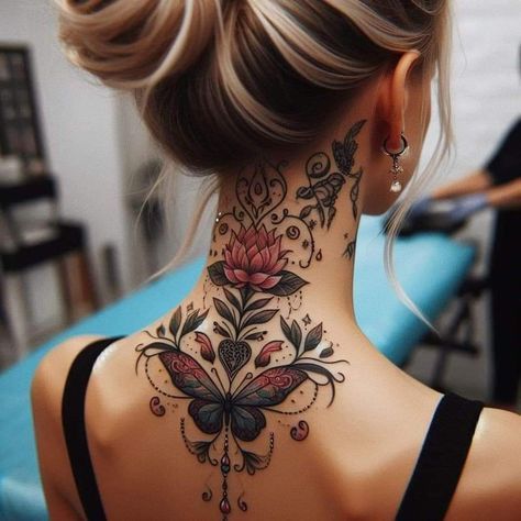 Back Of Neck Tattoos For Women, Back Neck Tattoo, Mandala Hand Tattoos, Neck Tattoos Women, Back Of Neck Tattoo, Tattoos For Women Flowers, Handpoke Tattoo, Tasteful Tattoos, Neck Tattoos