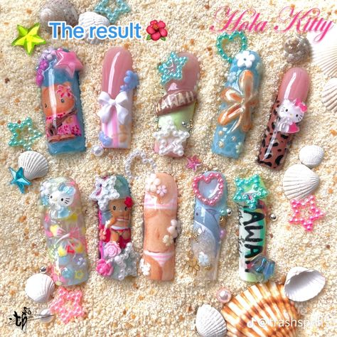 Chunky Nails, Gyaru Nails, Hawaii Nails, Punk Nails, Hello Kitty Nails, Pretty Gel Nails, Really Cute Nails, Unique Acrylic Nails, Cat Nails