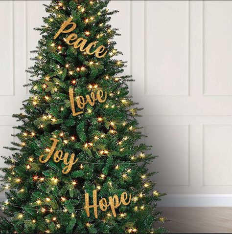 If you're looking for the perfect way to say "Merry Christmas" this holiday season, our Peace Love Hope Joy Banner is just it! Featuring glittery gold words and festive tree decorations, this banner will help spread the cheer of the season throughout your home. Joy Love Peace Believe Christmas Tree, Peace Christmas Tree, Christmas Tree Wrap, Peace Love Christmas, Tall Letters, Personalised Christmas Tree Decorations, Hope Christmas, Pine Cone Christmas Tree, Banner Christmas