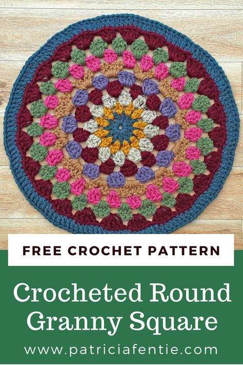 Learn how to crochet a round granny square motif in this FREE Crochet Pattern! This granny square mandala works up beautifully with each round increasing in beautiful symmetry. No octagon shapes here! This round crocheted mandala uses the basic granny square stitch to create a round granny square! Check it out. Circle Granny Square Blanket Free Pattern, Crochet Round Granny Square Pattern, Round Granny Square Crochet Patterns Free, Crochet Granny Square Round Free Pattern, Granny Stitch Circle, Crochet Granny Stitch In The Round, Circular Granny Square Blanket, Granny Oval Crochet Pattern, Free Granny Stitch Crochet Pattern