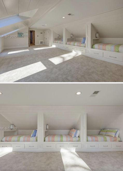 Small Attic Room, Bonus Room Design, Bunk Room Ideas, Attic Bed, Basement Ideas Game Room, Room Above Garage, Slanted Walls, Cabin Loft, Attic Bedroom Designs