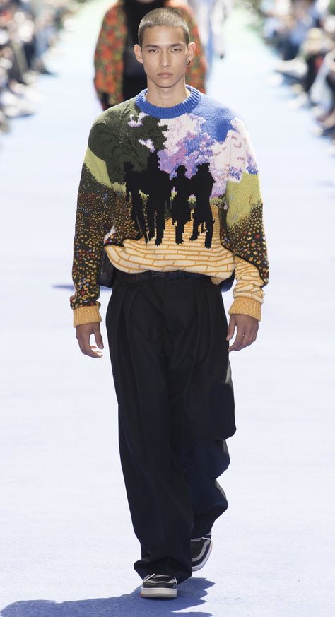 LOUIS VUITTON Spring 2019 Menswear Ready-To-Wear by VIRGIL ABLOH Look #54 featuring Tommy Vanden Meerssche Catwalk Knitwear, Statement Sweaters, Nirvana Fashion, Virgil Abloh Louis Vuitton, Louis Vuitton Sweater, Sweater Outfits Men, Client Profile, Oc Board, Shirt Company