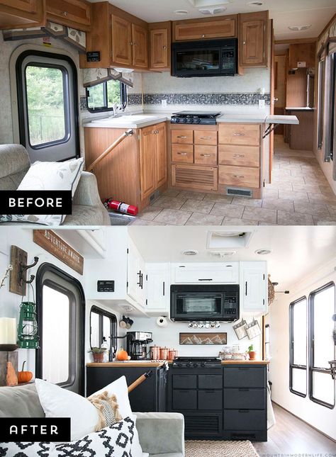 Are you thinking about updating the kitchen in your RV or camper? Come see how we made a huge impact in our motorhome with our rustic modern RV kitchen renovation! MountainModernLife.com via @MtnModernLife Camper Diy, Camper Trailer Remodel, Vintage Camper Remodel, Diy Camper Remodel, Rv Makeover, Trailer Living, Rv Kitchen, Travel Trailer Remodel, Camping Camper