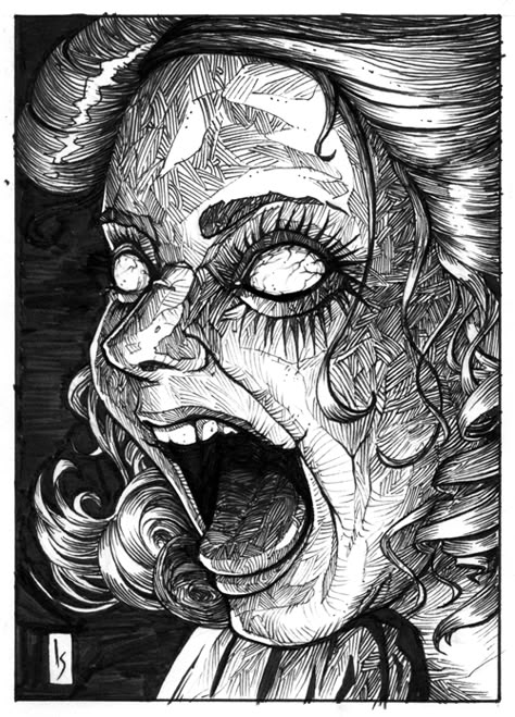 Ink Drawing of Linda from The Evil Dead Creepy Ink Drawings, Dark Ink Drawings, Madness Drawing, Evil Drawings, Creepy Black And White Drawings, Horror Ink Drawing, Horror Pen Drawing, Scary Monster Sketch, The Evil Dead