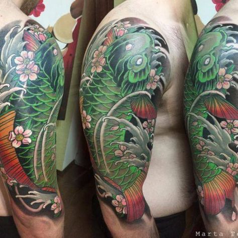 125 Koi Fish Tattoos with Meaning, Ranked by Popularity - Wild Tattoo Art Green Koi Fish, Koi Fish Tattoo Meaning, Koi Dragon Tattoo, Koi Fish Colors, Japanese Koi Fish Tattoo, Fish Japanese, Tattoo Uk, Wild Tattoo, Mens Shoulder Tattoo