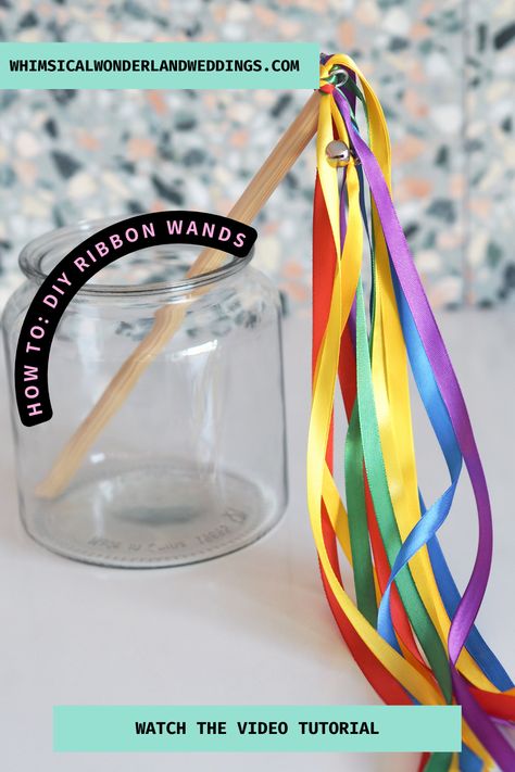 Learn how to make simple and fun ribbon wands with ease. Check out the step-by-step photos or video. #wedding #ribbonwand #diy #tutorial Flower Wand Diy, Diy Ribbon Wand, Princess Wands Diy, How To Make A Wand, How To Make Wands, Diy Ribbon Wands, Festival Marketplace, Wedding Ribbon Wands, Ribbon Sticks