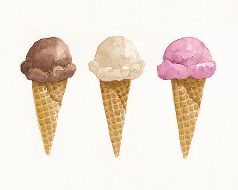 Painted Ice Cream Cones, Ice Cream Watercolor Painting, Watercolour Ice Cream, Watercolor Ice Cream Cone, Ice Cream Cone Painting, Ice Cream Draw, Summer Sweet Treats, Ice Cream Cone Illustration, Ice Cream Cone Drawing