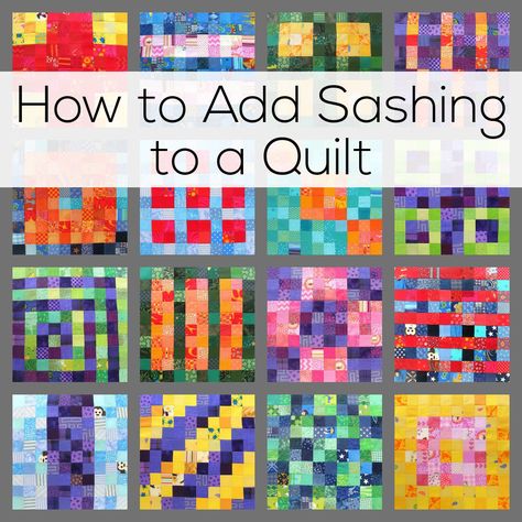 How to add sashing strips to any quilt - and easy tutorial from Shiny Happy World using a gorgeous scrap quilt as an example. How To Sash A Quilt, How To Add Sashing To A Quilt, Sashing Ideas For Quilts Simple, Adding Sashing To Quilt Blocks, Quilt Sashing Ideas Simple, Quilt Borders Ideas Simple, Sashing Tutorial, Tshirt Quilt Tutorial, Quilt Sashing