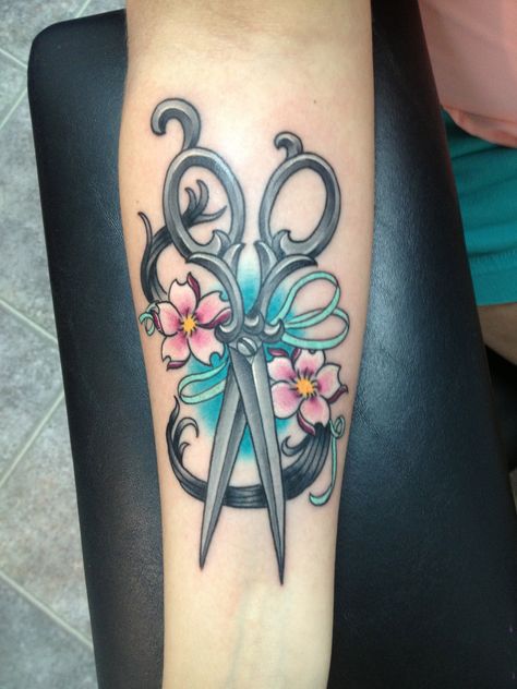 Hair stylist's shears tattoo by Kevin Scarmozzi @ northsidetattoos.com Hair Scissor Tattoos, Hair Stylist Tattoo, Cosmetology Tattoos, Shears Tattoo, Hairdresser Tattoos, Hairstylist Tattoos, Tool Tattoo, Stylist Tattoos, E Tattoo