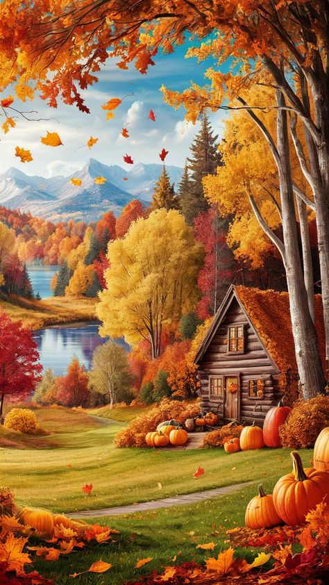 Immerse yourself in the tranquility of autumn with this stunning wallpaper depicting a vibrant forest in full fall glory. Experience the warmth of orange, red, and gold leaves gently drifting to create a colorful carpet, mirrored in a tranquil lake. Picture cozy evenings by a charming cabin adorned with pumpkins. This fall wallpaper encapsulates the beauty and nostalgia of the season. Perfect for autumn lovers! #FallWallpaper #AutumnLandscape #Nature Autumnal Pictures, Autumn Woods Wallpaper, Autumn Mountains Wallpaper, Sunflowers And Pumpkins Wallpaper, Fall Leaves And Pumpkins Wallpaper, Imvu Backgrounds, Fox In Autumn Wallpaper, Colorful Carpet, Autumn Wallpapers