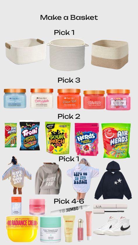 Comment below your choices Outfit Picker, Skincare Basket, Preppy Basket, Make A Gift Basket, Preppy Birthday Gifts, Make A Basket, Homemade Gifts For Mom, Making A Gift Basket, Preppy School Supplies