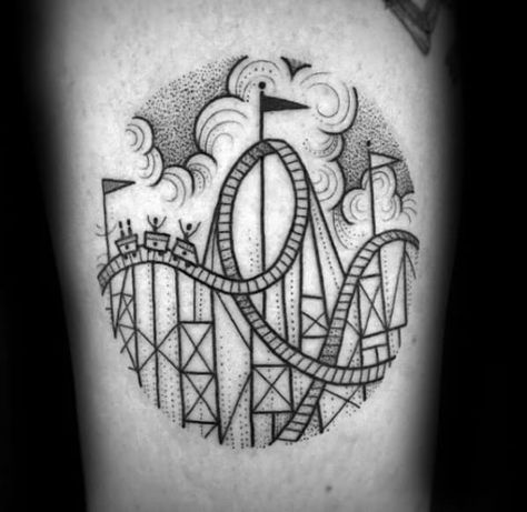 30 Roller Coaster Tattoo Designs For Men - Amusement Ride Ideas Roller Coaster Tattoo, Roller Coaster Drawing, Train Tattoo, Random Tattoos, Tattoo Time, Worlds Best Tattoos, C Tattoo, Landscape Tattoo, Tattoo Magazines