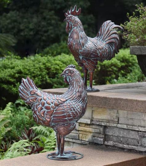 CLYB Antique Copper Rooster Statue, Garden Sculptures & Statues, Set of 2 Metal Chicken Decor, Garden Sculpture for Outdoors, Lawn Hen Art Ornaments for Backyard, Patio, Kitchen and Home Decoration Backyard Patio Kitchen, Hen Art, Rooster Statue, Rooster Kitchen Decor, Country French Decor, Metal Chicks, Statue Garden, Metal Rooster, Rooster Kitchen