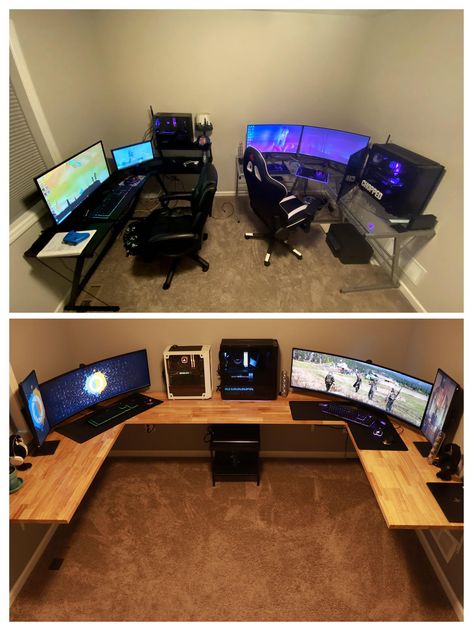 Just finished refreshing our "his and hers" setup. Before and After. Super happy with the finished product. His And Her Computer Room, Two Gaming Setups In One Room, Duo Gaming Setup, 2 Computer Desk Setup, Two Person Gaming Setup, Double Gaming Setup, Couples Gaming Room Setup Cozy, Couples Desk Setup, Couple Desk Setup