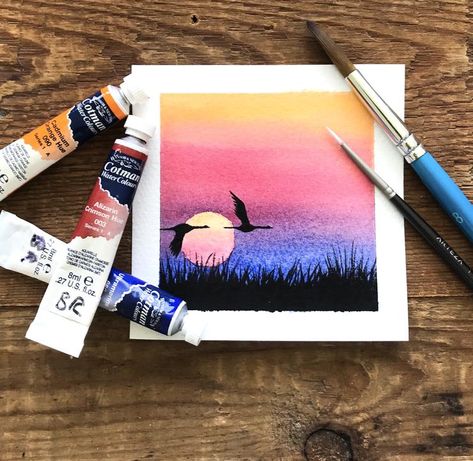 Sunset Polaroid, Watercolour Sunset, Polaroid Painting, Cherry Blossom Painting, Watercolor Art Diy, Landscape Painting Tutorial, Sketching Ideas, Flower Wallpapers, Sunset Silhouette