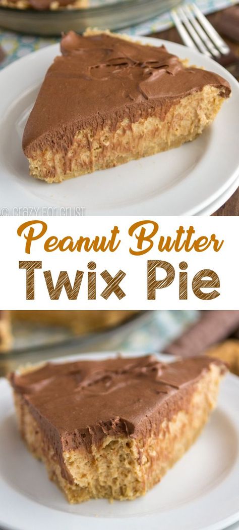 Peanut Butter Twix Pie is an easy no bake pie recipe that tastes like a Twix! A shortbread crust is filled with peanut butter pie filling and topped with chocolate cream! This easy pie recipe is EASY to make and everyone loves it. Twix Pie, Easy Pie Recipe, Peanut Butter Pie Filling, Peanut Butter Twix, No Bake Pie, Baking Recipes Pie, Twix Bar, Easy Pie Recipes, Shortbread Crust