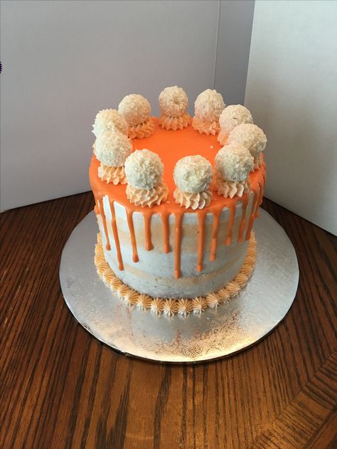 Orange drip cake topped with rafaello candies 🍭 Orange Drip Cake, Drip Cake, Drip Cakes, Decorated Cakes, Cake Toppings, Sweets Treats, Dessert, Candy, Baking