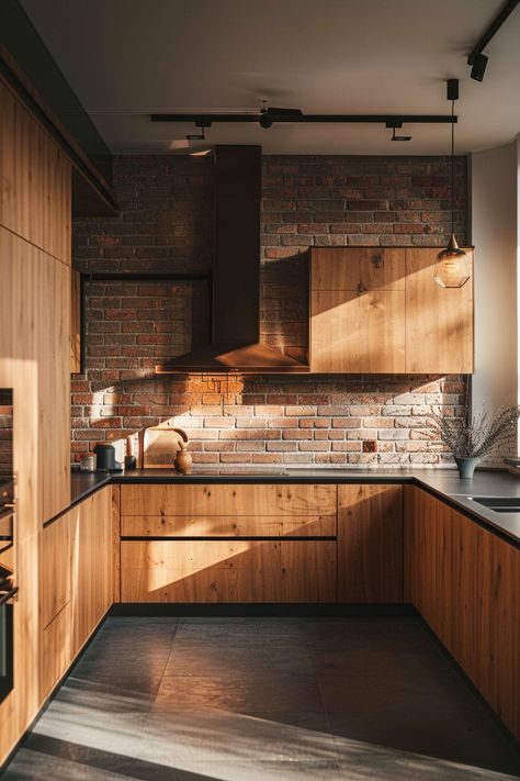 Explore 40 styles of brick backsplashes tailored for farmhouse kitchens, ranging from traditional to contemporary, to suit your unique taste. #KitchenStyles #BrickBacksplash #FarmhouseChic Industrial Apartment Kitchen, Contemporary Farmhouse Interior, Brick Wall Kitchen Ideas, Contemporary Rustic Kitchen, Kitchen Brick Wall, Brick Kitchen Backsplash, Brick Wall Kitchen, Contemporary Remodel, Brooklyn Kitchen