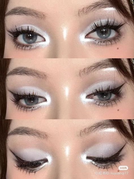 Korean Sparkly Makeup, Korean Silver Makeup, White Douyin Makeup, Silver Douyin Makeup, Korean Smokey Eye Makeup, Clubbing Makeup, White Eye Makeup, Silver Makeup, White Eyeshadow