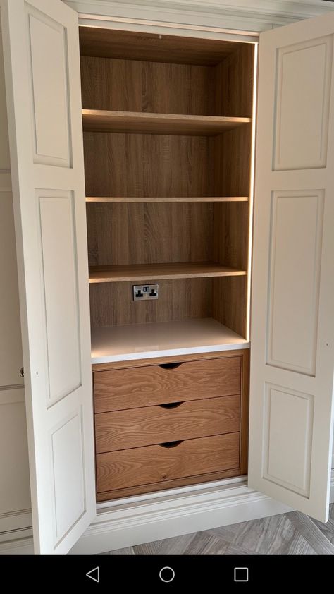 Larder Cupboard With Microwave, Flat Pantry Ideas, Kitchen Coat Closet, Tall Larder Cupboard, Built In Storage Cupboard, Living Room Storage Closet, Tall Cupboards Kitchen, Kitchen Cupboards In Dining Room, Ramen Storage Ideas