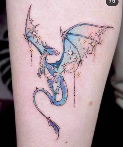 Small Dragon Tattoo Color, Dragon Tattoo Small For Women, His And Hers Dragon Tattoos, Tattoo Idea Dragon, Cute Dragon Tattoo Designs, Pretty Dragon Tattoo For Women, Heart Dragon Tattoo, Dragon And Stars Tattoo, Dragon Constellation Tattoo