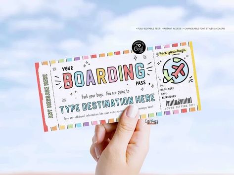 Editable Boarding Pass Template Surprise Trip Gift Ticket Fake Boarding Pass Template, Voucher Template, Text Graphics, Ticket Template, 5 Gifts, Gift Voucher, Gift Vouchers, Weekend Getaway, Travel Gifts