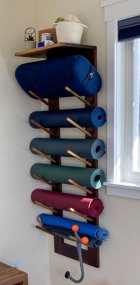 Yoga Mat Holder / Exercise Mat Holder / Fitness Mat Holder - Etsy Yoga Storage Ideas, Diy Yoga Mat Holder, Yoga Mat Rack, Yoga Storage, Yoga Room Design, Home Yoga Room, Gear Room, Props Storage, Diy Yoga