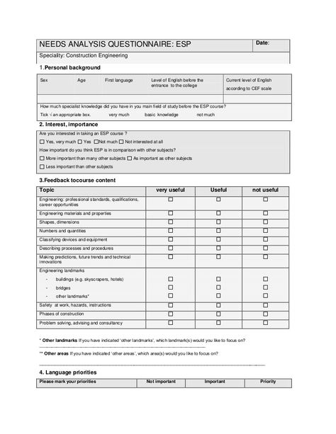 NEEDS ANALYSIS QUESTIONNAIRE: ESP Date:Speciality: Construction Engineering… Training Needs Analysis, Needs Analysis, Needs Assessment, Resignation Letter Sample, Language Levels, Questionnaire Template, 21st Century Classroom, Survey Template, Survey Questions