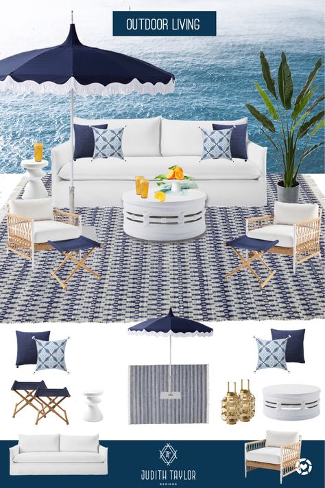 Navy Blue Outdoor Patio Decor Ideas, Navy Patio Decor, Blue And White Patio, Coastal Yard, Nautical Patio, Patio Setup, Lanai Patio, Zen Place, Outdoor Improvements