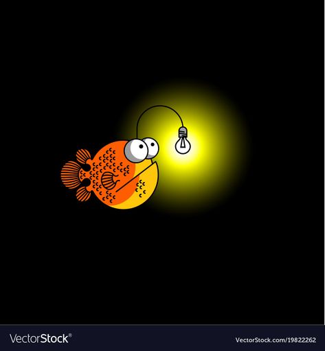 Lantern Fish Drawing, Fish With Light On Head, Fish In A Lightbulb Drawing, Idea Bulb Illustration, Bulb Vector Illustration, Glowing Fish Art, Angler Fish Light, Art Brainstorm, Cartoon Fun