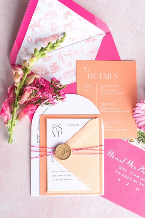 Pink And Orange Wedding Stationary, Pink And Orange Spring Wedding, Bright Pink Wedding Invitations, Coral Wedding Colors Palette, Colorful Wedding Theme Ideas, Colorful Flower Wedding Invitations, Orange And Pink Fall Wedding Colors, Pink Orange Invitation, Red Orange Pink Yellow Wedding