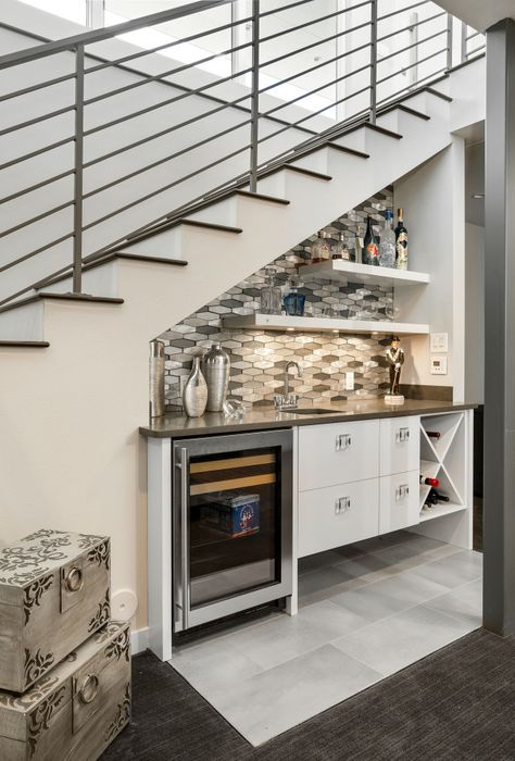 Contemporary Loft Design, Bar Under Stairs, Wet Bar Designs, تحت الدرج, Home Wet Bar, Rustic Sideboard, Staircase Storage, Under The Stairs, Home Bars