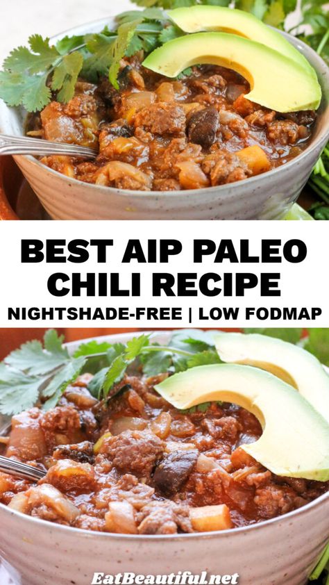 This Best AIP Chili Recipe gives you the gentle comfort food heat and spice all the rich cozy deliciousness we want from hearty Southwest food, but without the nightshades or legumes ... and with a Low FODMAP option. | aip chili | recipe | nightshade free | paleo | low fodmap || #aip #chili Aip Chili Recipe, Aip Chili, Paleo Chili Recipe, Paleo Low Fodmap, Aip Dinners, Southwest Food, Nightshade Free Recipes, Southwest Recipes, Eat Beautiful